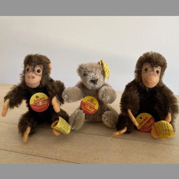 3 Vintage 1970s Steiff Mohair Teddybar & Jocko Monkey Original Tags & Buttons - Picture 1 of 10